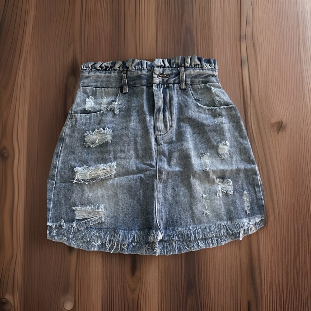 Hayden LA Denim S Jean Skirt Distressed Fray Hem Ruffle Waist Med‎ Wash Boho NWT